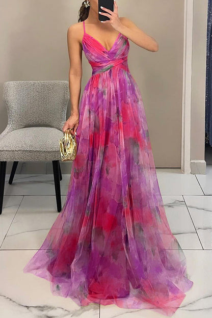 Giselle Tulle Render Print Cutout Waist Back Lace-up Maxi Dress