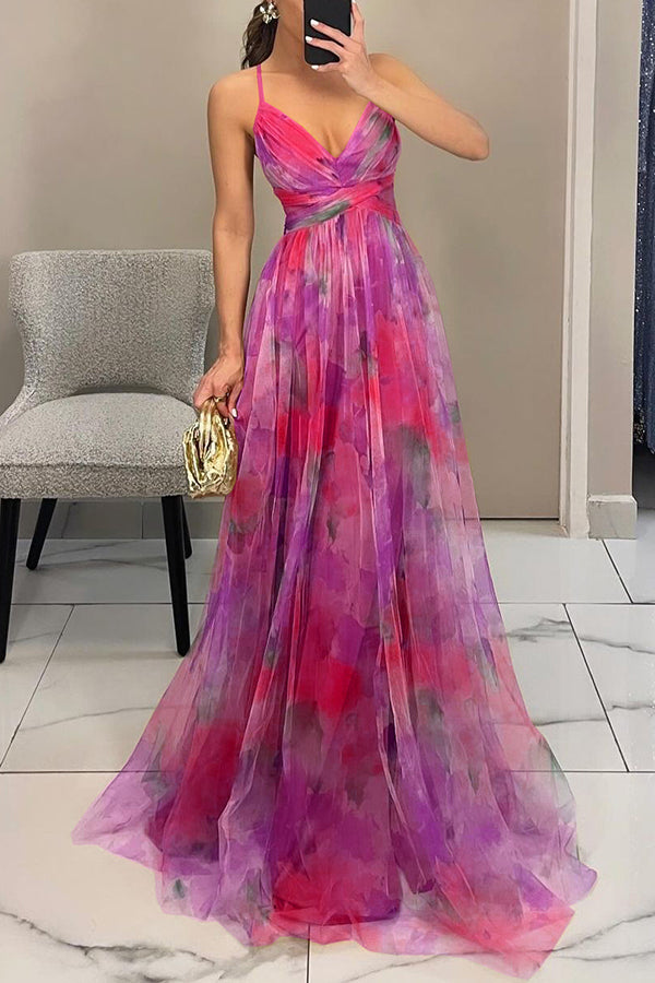 Giselle Tulle Render Print Cutout Waist Back Lace-up Maxi Dress
