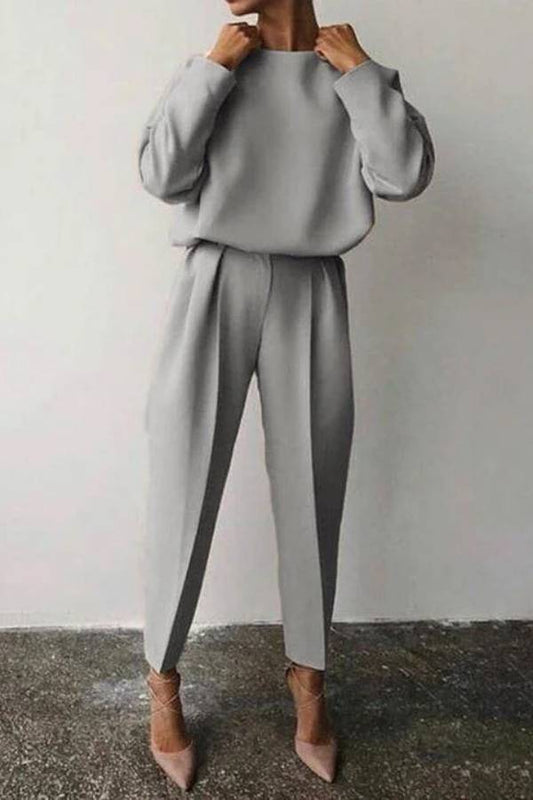 Color Round Neck Pencil Pants Suit