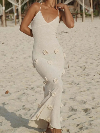 Knit Sweater Halter Dresses Backless Lace-up Patchwork V-neck Slim Knitwear Female Party Maxi Dress