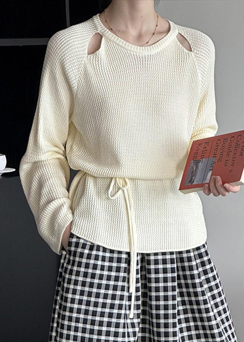 Beige Tie Waist Knit Sweaters O Neck Long Sleeve Af1095