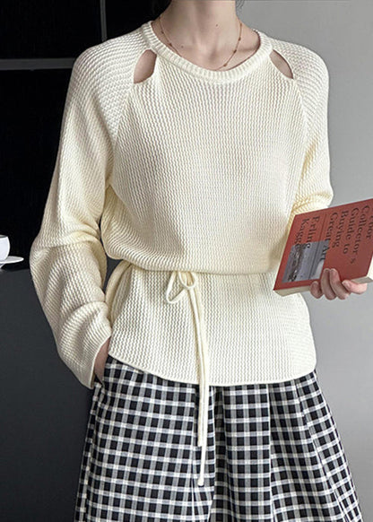 Beige Tie Waist Knit Sweaters O Neck Long Sleeve Af1095