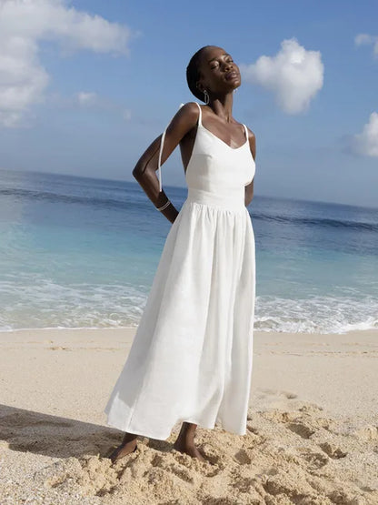 Backless Beach Dress for V Neck Splice Folds Long Dresses Party Bandage Maxi Sundress Female