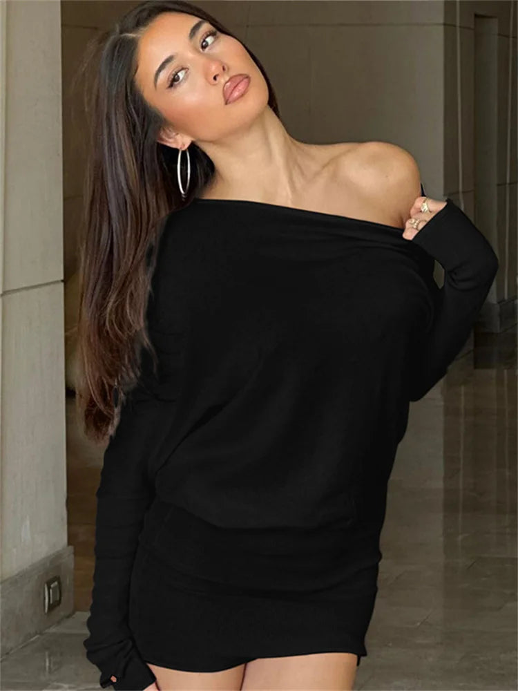 Off-shoulder Patchwork Mini Dress Slim Long Sleeve High Waist Autumn Dress Female Backless Dress