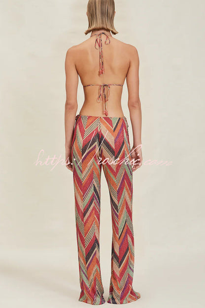 Gypsy Girl Triangle Pattern Beaded Tie-up Waist Stretch Loose Pants