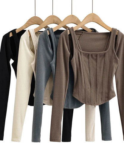 Striped Stitching Slim T-shirt Female 2 in 1 Shrug Set Co-ord Crop Shrug and Corset Tank Tops Set Y2k New