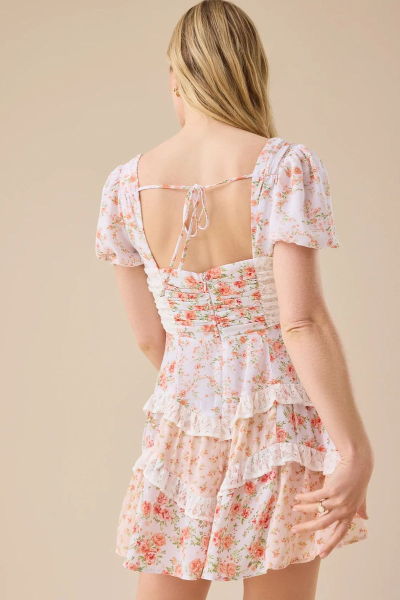 Lace Patchwork V Neck Puff Short Sleeve Mini Dress