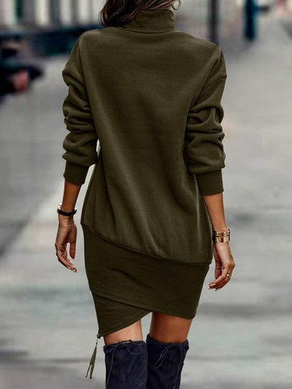 Long Sleeves Color High-neck Mini Dresses