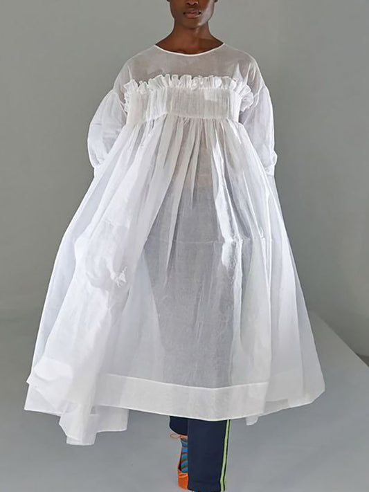 A-line Long Sleeves Mesh Pleated See-through Color Split-joint Round-neck Midi Dresses