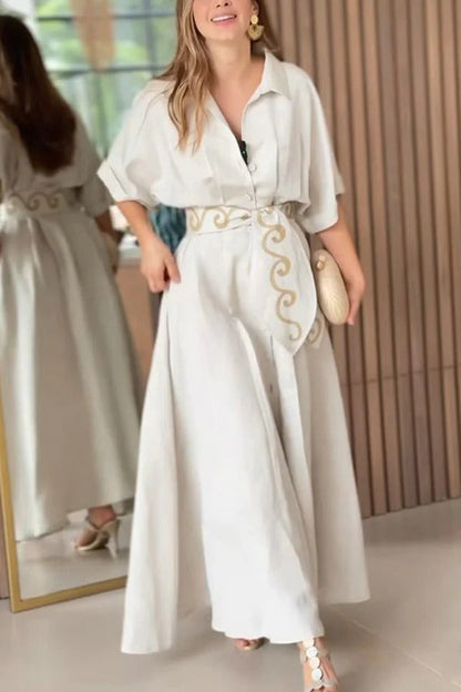 Color Lapel Pocket Pattern Lace-up Loose Maxi Dress