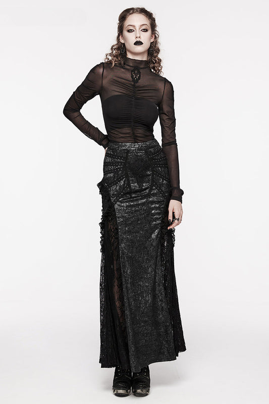 Textured Gothic Midi Party Club Decoration Lace Splicing Long Skirt