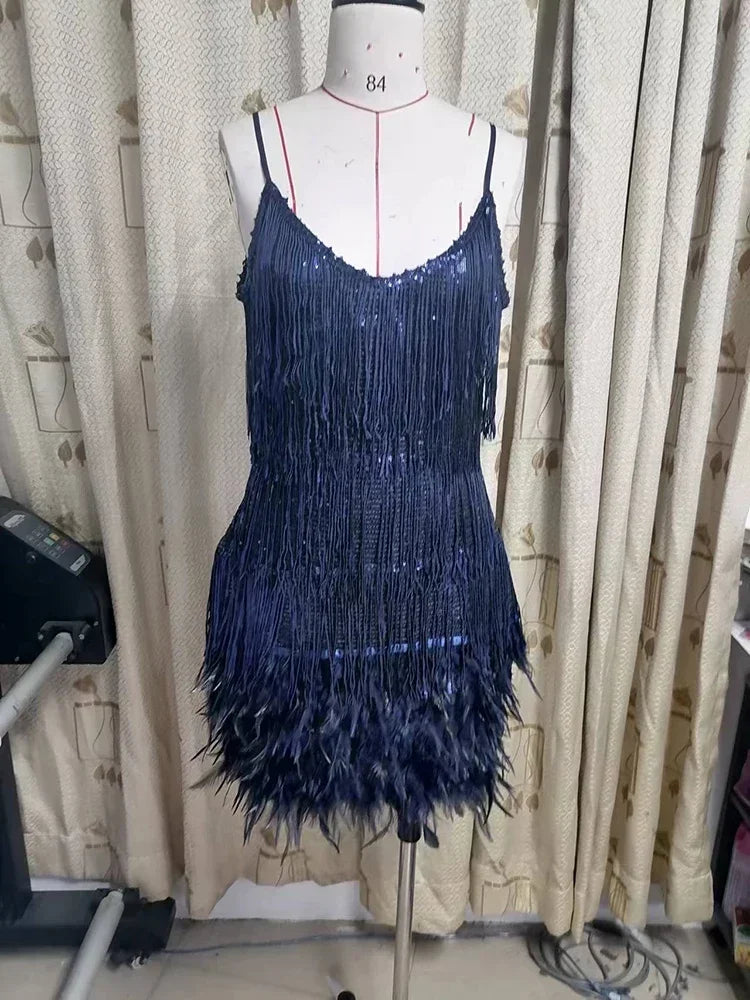 Tassel Sequins Dress Feather Spaghetti Straps Mini Dresses Summer Party Club Evening Dresses Vestidos
