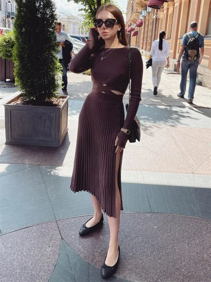 New White Knit Two Piece Sets Fall Ribbed Crop Top and Pleated Knitted Skirt Suits for Midi Dress Sets