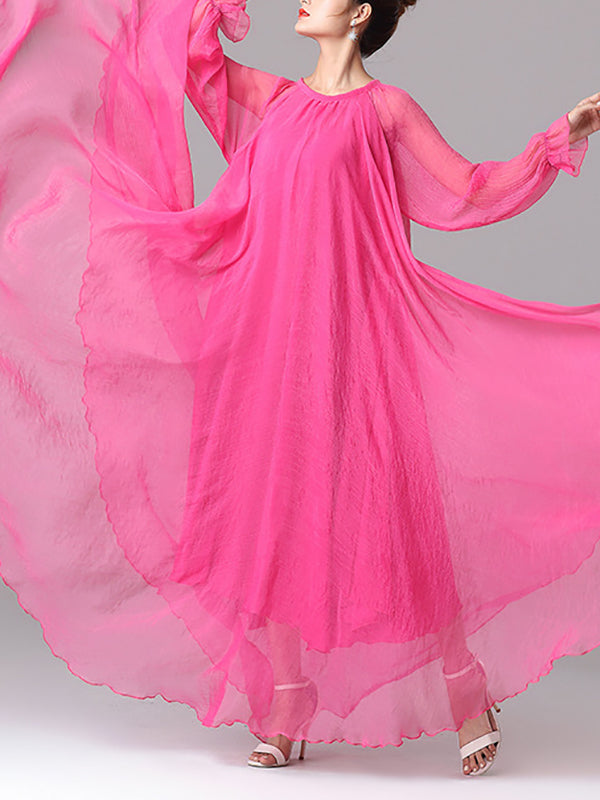 Long Sleeves Loose Falbala Gauze Pleated Color Tied Waist Round-neck Maxi Dresses