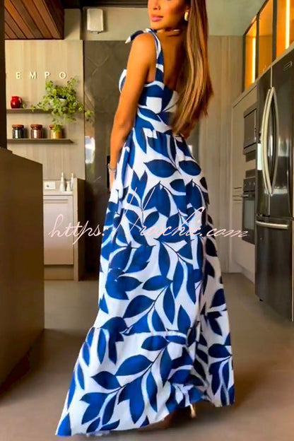 High Waisted Strappy Print Halter Panel Maxi Dress