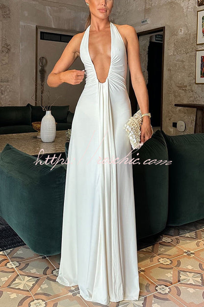 Silhouette Deep U-neck Halter Waterfall Sash Drape Maxi Dress