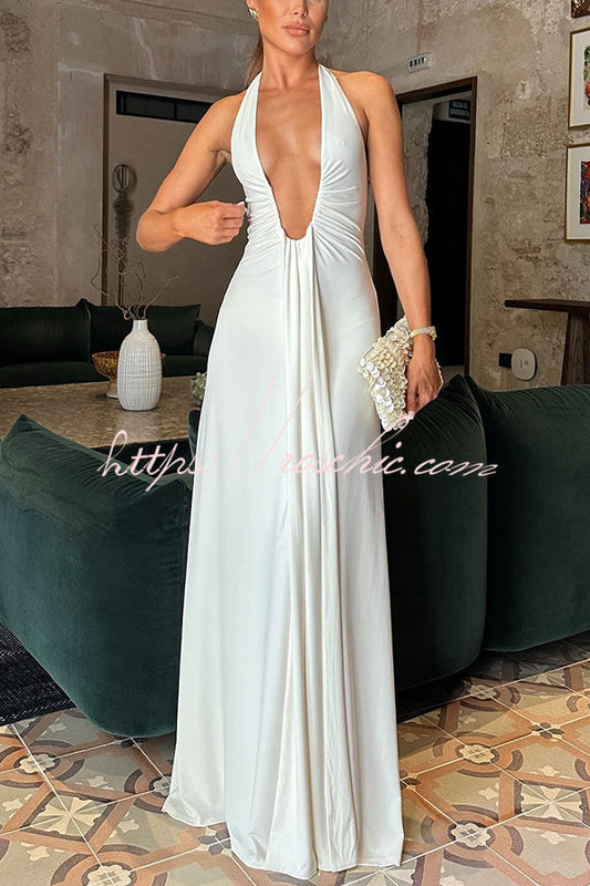 Silhouette Deep U-neck Halter Waterfall Sash Drape Maxi Dress