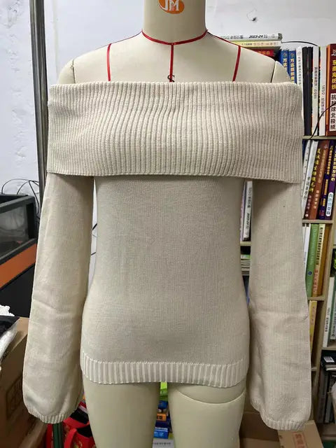 White Knit Sweater Pullover Female Off-shoulder Slim Long Sleeve High Waist Backless Loose Knitwear New
