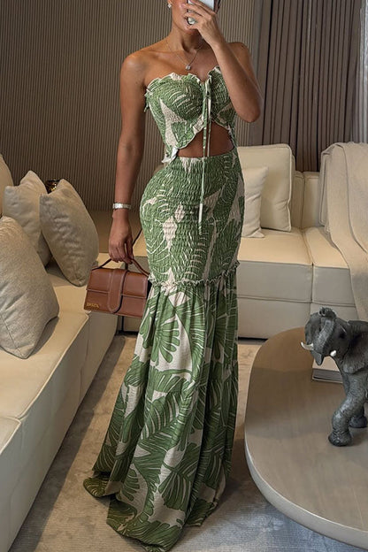 Vivica Smocked Cutout Halter Fishtail Stretch Maxi Dress