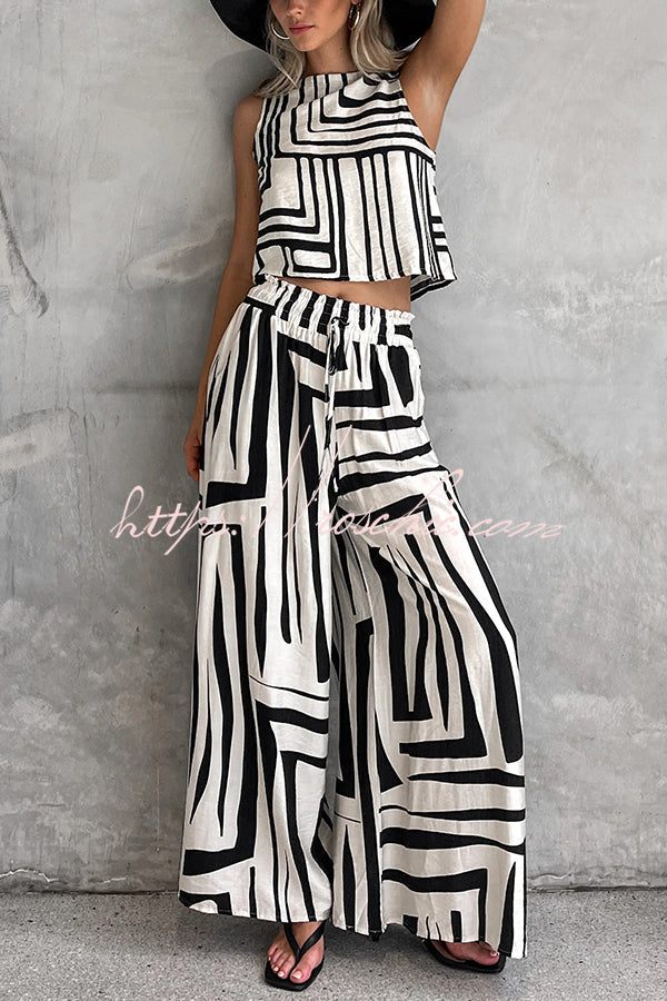 Striped Printed Sleeveless Top and Elastic Waist Loose Pocket Wide-leg Pants Set