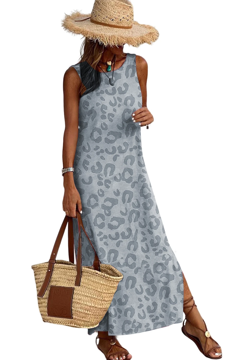 Gray Leopard Print Side Slits Tank Maxi Dress