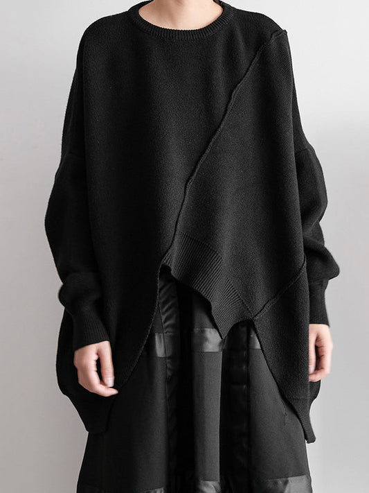 Original Loose Black Round-neck Batwing Sleeve Irregular Hem Knit Sweater An1037