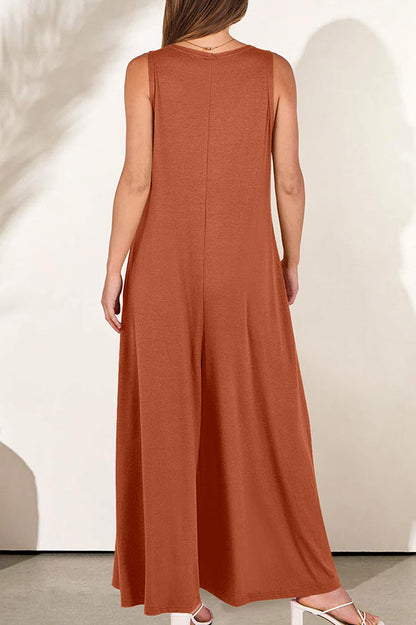 Color V-neck Sleeveless Loose Pocket Wide-leg Jumpsuit