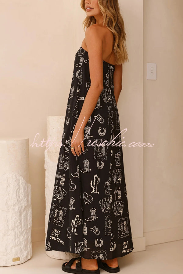 Unique Print Strapless Open Back Full Hem Maxi Dress