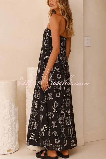 Unique Print Strapless Open Back Full Hem Maxi Dress