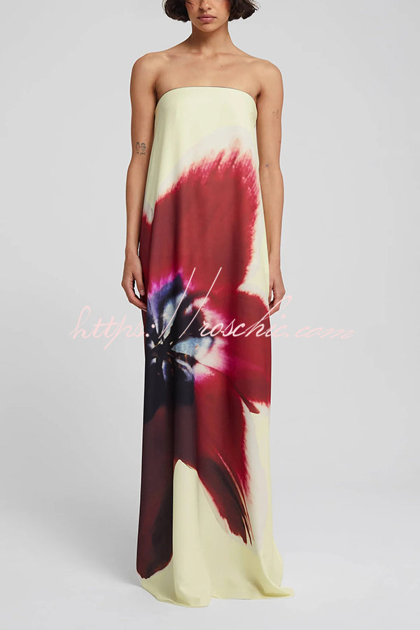 Print Strapless Backless Belt Maxi Dress
