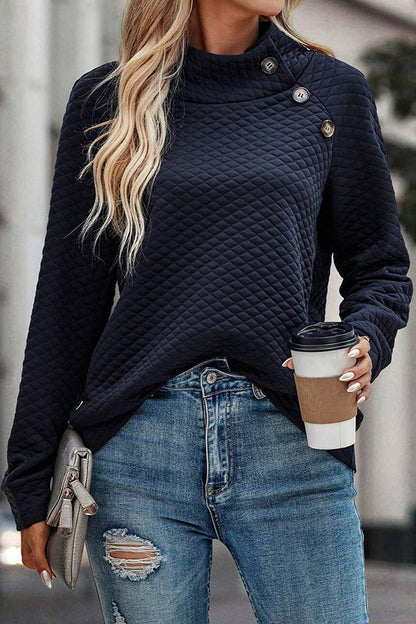 Color Plaid Turtleneck Button Sweatshirt