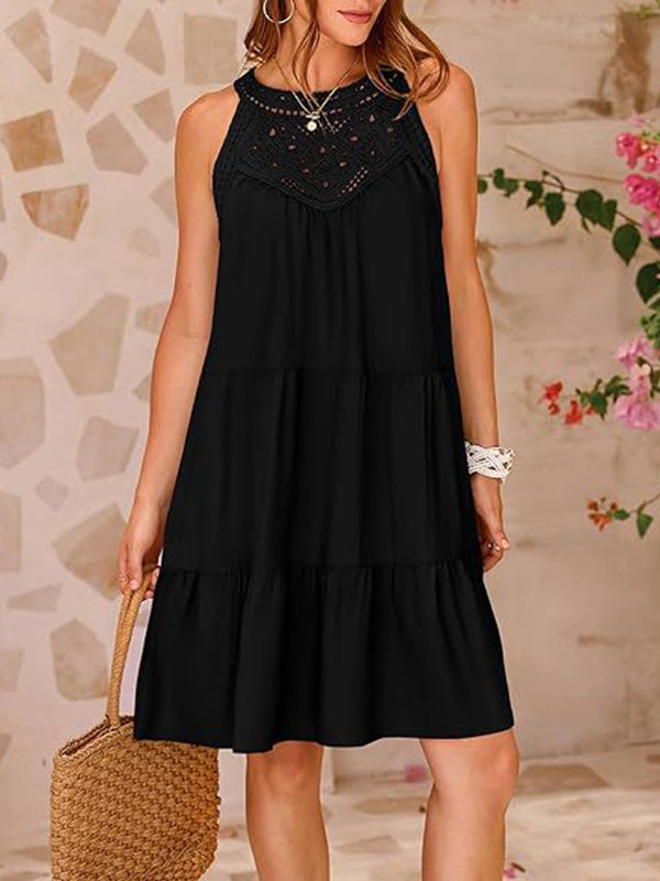 A-line Loose Hollow Pleated Color Split-joint Round-neck Mini Dresses