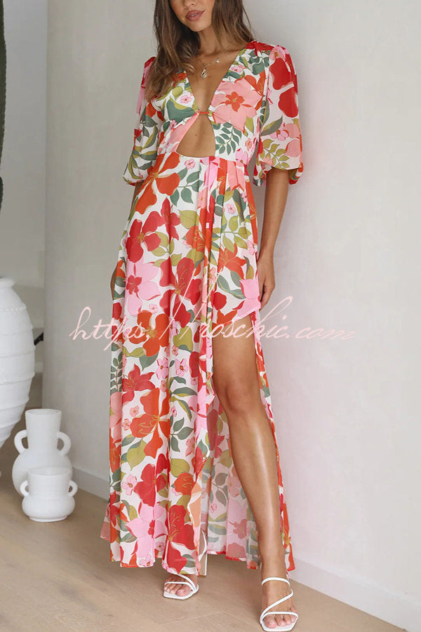 Del Mare Puff Sleeve Front Cutout High Low Maxi Dress