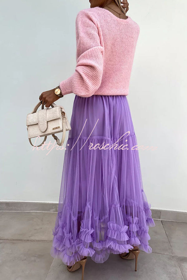 Tulle Stretch Waist Paneled Pleated Maxi Skirt