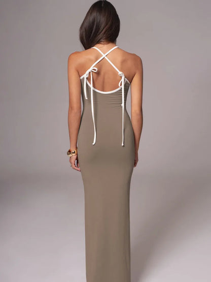 Spaghetti Strap High Elastic Tight Long Dress V-neck Backless Bodycon Autumn Party Evening Dress