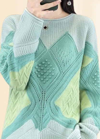 Green O-neck Plaid Cotton Knit Sweaters Fall Qp018