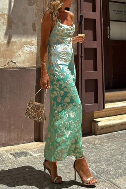 Tie Dye Ombre Gold Print Strappy Maxi Dress