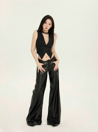 Black Wide-leg Leather Pants