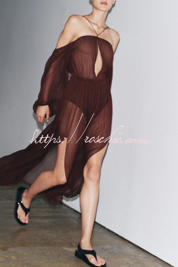 Marsie Semi-sheer Fabric Cutout Off Sholder Elastic Waist Slit Maxi Dress