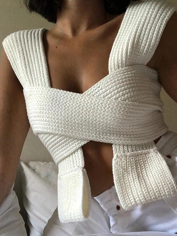 New Diy Style Knitted Tank Top Sweater Female High Waist Camisole Backless Bandage Tops