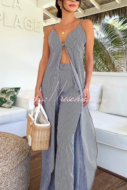 Striped Print Sleeveless Long Top and Loose Straight Pants Set