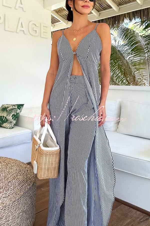 Striped Print Sleeveless Long Top and Loose Straight Pants Set