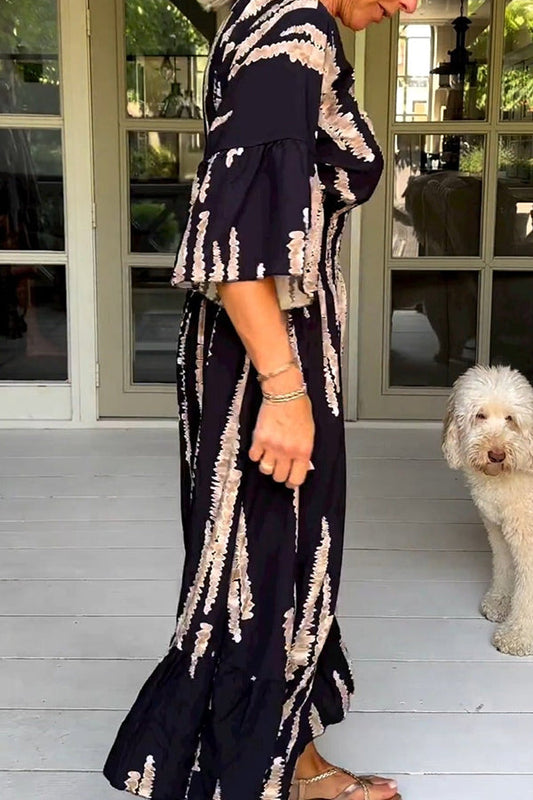 Retro 3\/4 Sleeve Print Midi Dress
