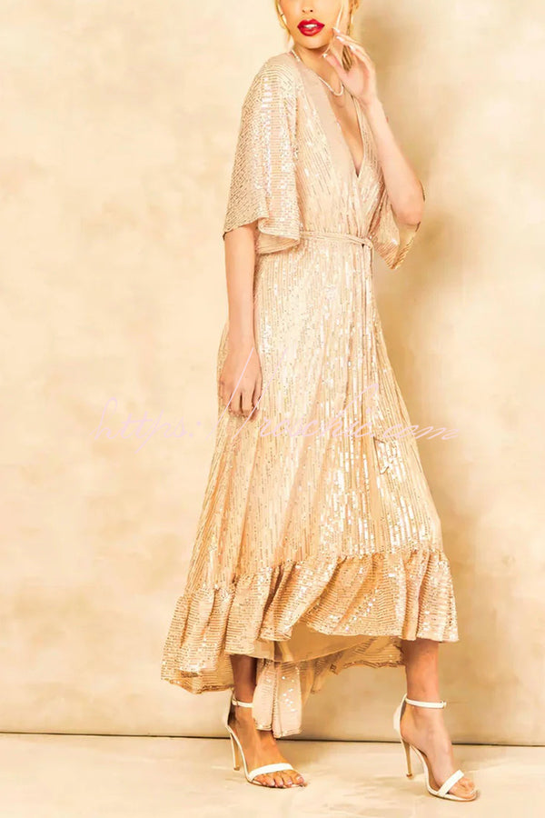 Color Sequined V-neck Waist Tie Loose Maxi Dress