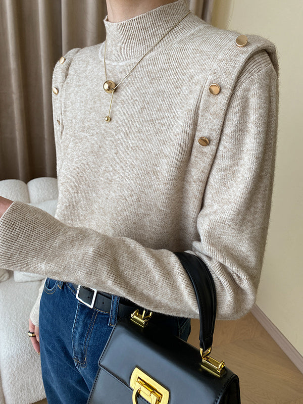 Grey High-neck Buttoned Decor Long Sleeve Knit Sweater An1050