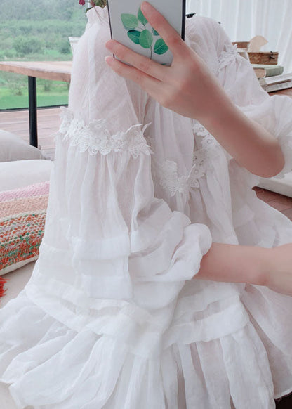 Style White Lace Ruffled Patchwork Cotton Blouses Lantern Sleeve Az1027