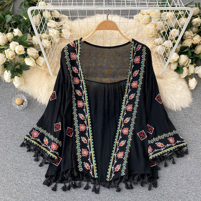 White Embroidered Three-quarter Sleeves Splicing Tassel Cardigan Ar1023