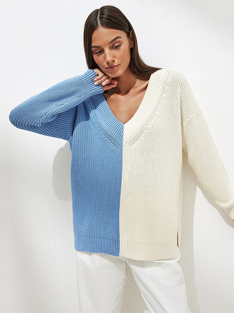 V-neck Waffle Knit Sweater Tops for Autumn New Patchwork Pullover Oversized Knitwear
