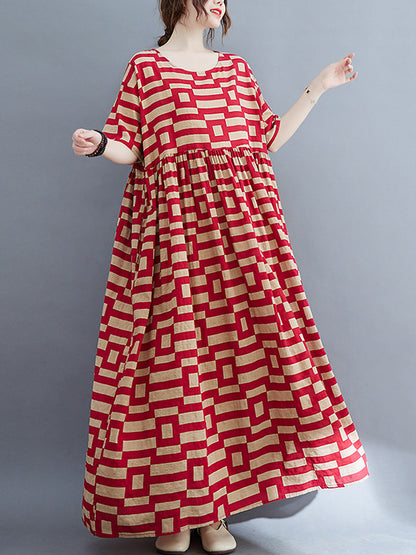 Loose Short Sleeves Plaid Round-neck Midi Dresses