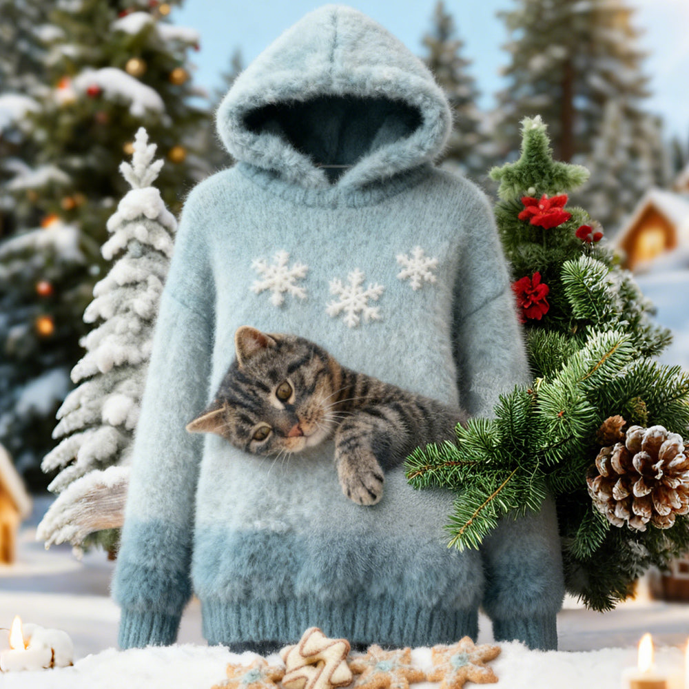 Christmas Cat Felt Art Women's Hooded Plush Sweater elevenforest